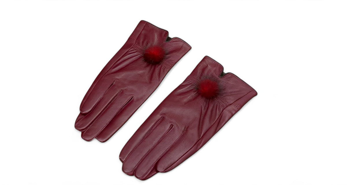Damen Lederhandschuhe mit Fellbommel – Gefütterte Winterhandschuhe, Herbst Winter