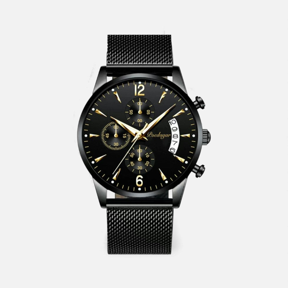 Men's stainless steel wristwatch with quartz movement and date display