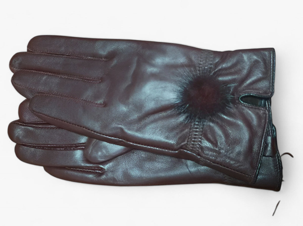 Damen Lederhandschuhe mit Fellbommel – Gefütterte Winterhandschuhe, Herbst Winter