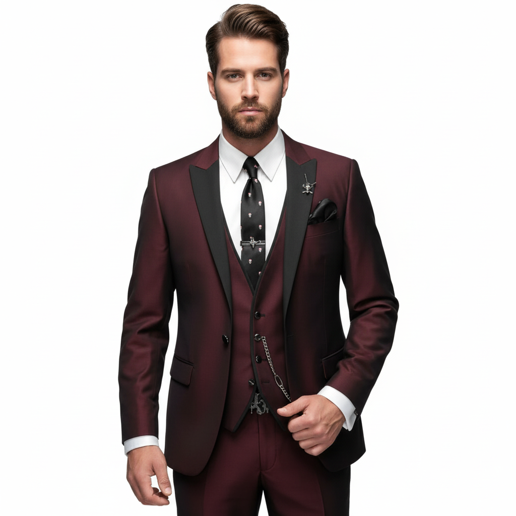 Herren-Dreiteiler mit klassischem Revers und Kontrastbesatz