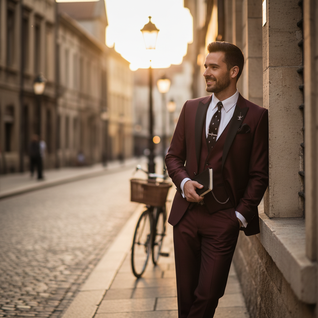 Herren-Dreiteiler mit klassischem Revers und Kontrastbesatz