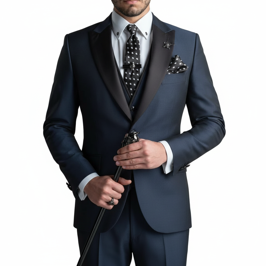 Herren-Dreiteiler mit klassischem Revers und Kontrastbesatz