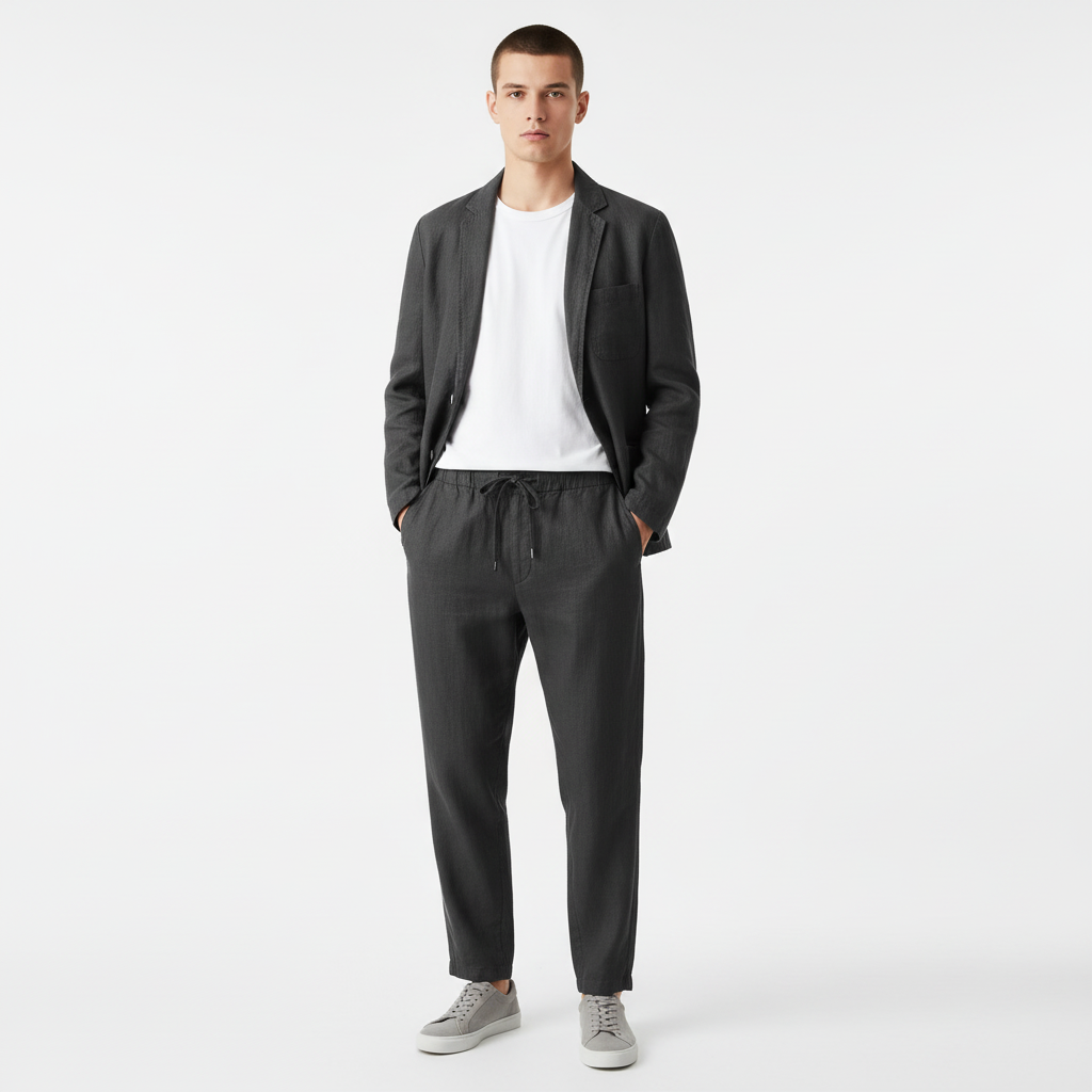 Herren-Zweiteiler aus Leinen mit Blazer mit Reverskragen und Hose mit Kordelzug