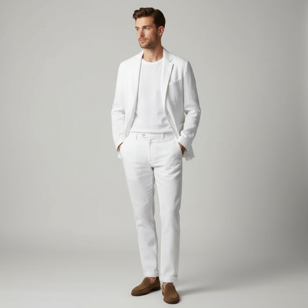 Herren-Zweiteiler aus Leinen mit Blazer mit Reverskragen und Hose mit Kordelzug