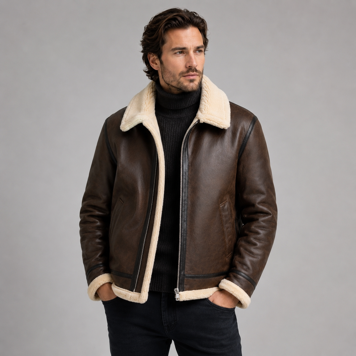 Herren Winter Fliegerjacke in Lederoptik mit Kunstfellfutter – Shearling Pilotenjacke