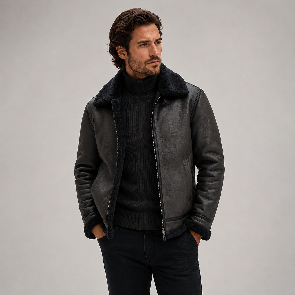 Herren Winter Fliegerjacke in Lederoptik mit Kunstfellfutter – Shearling Pilotenjacke