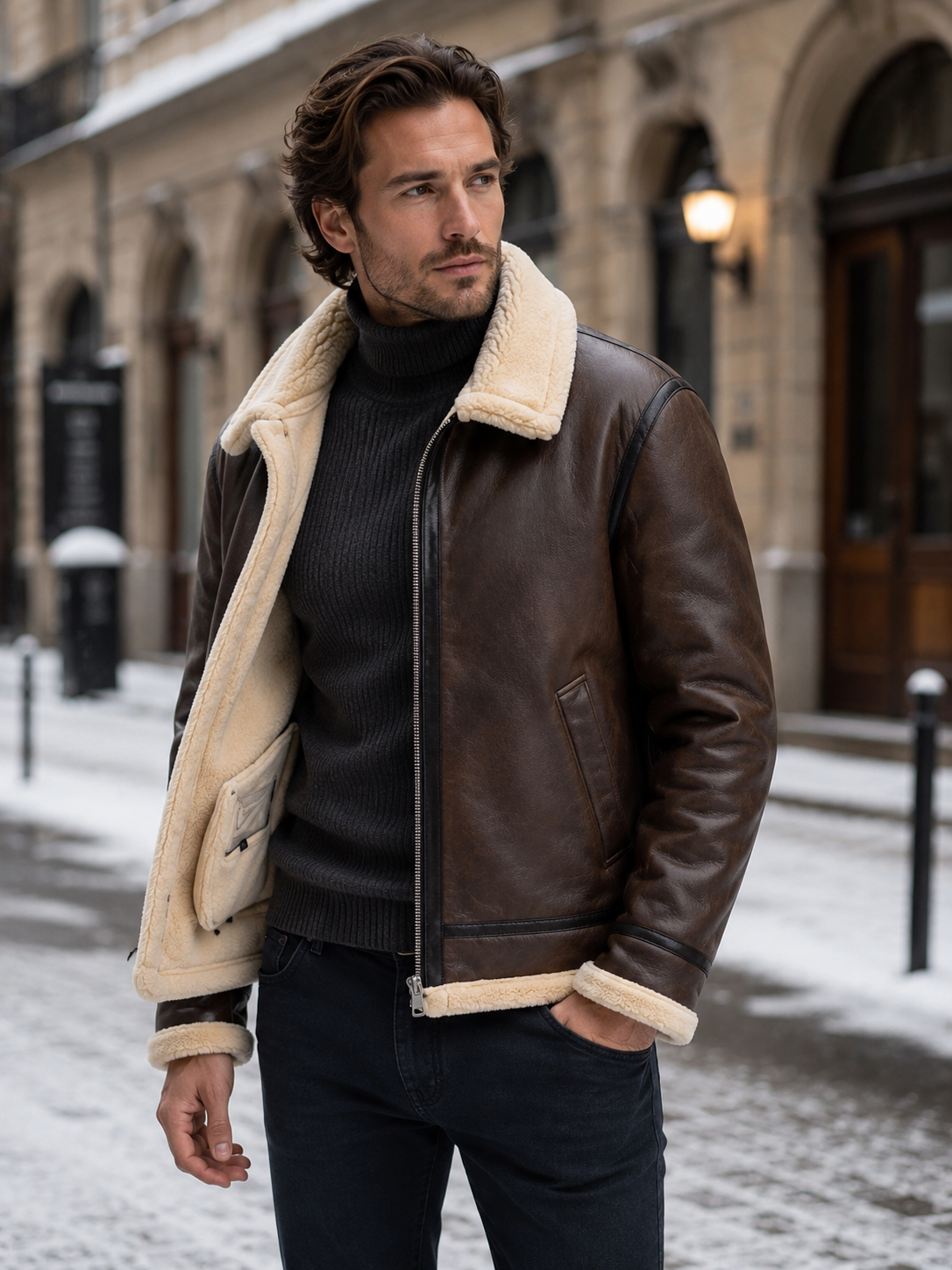 Herren Winter Fliegerjacke in Lederoptik mit Kunstfellfutter – Shearling Pilotenjacke