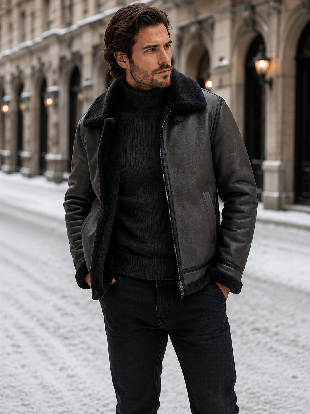 Herren Winter Fliegerjacke in Lederoptik mit Kunstfellfutter – Shearling Pilotenjacke