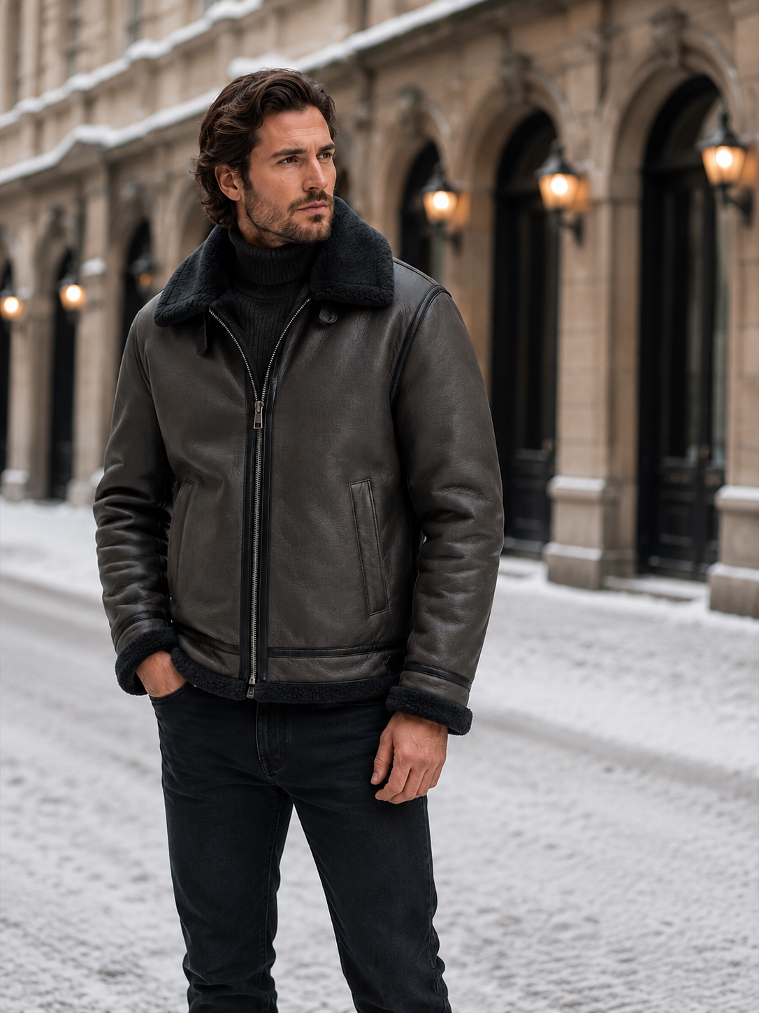 Herren Winter Fliegerjacke in Lederoptik mit Kunstfellfutter – Shearling Pilotenjacke