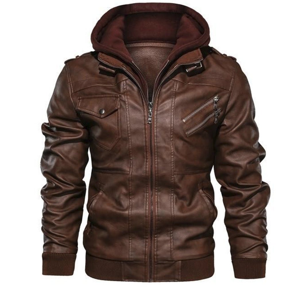 Herren Winter Kunstlederjacke gefüttert mit Kapuze – Bikerjacke in Lederoptik
