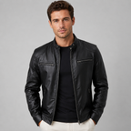 Herren Kunstlederjacke Slim Fit im Racer-Stil – Bikerjacke in Lederoptik mit Stehkragen