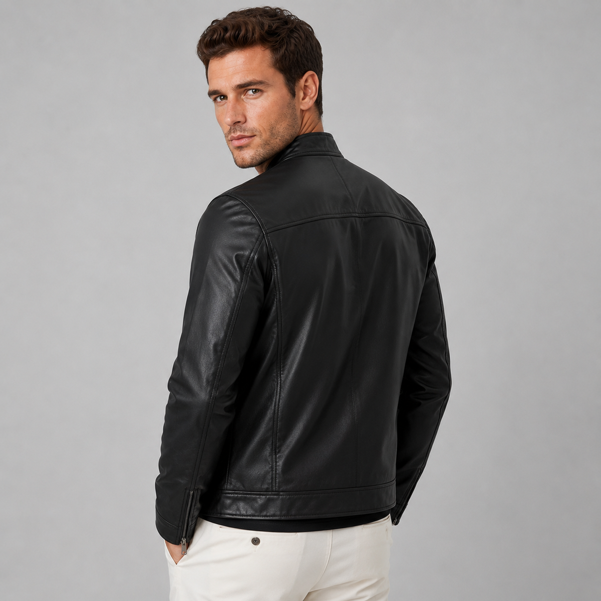 Herren Kunstlederjacke Slim Fit im Racer-Stil – Bikerjacke in Lederoptik mit Stehkragen