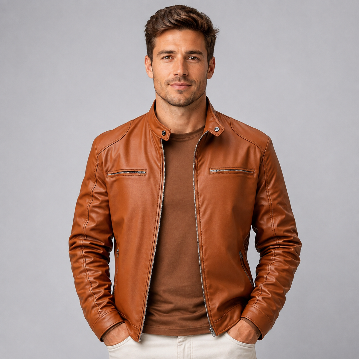 Herren Kunstlederjacke Slim Fit im Racer-Stil – Bikerjacke in Lederoptik mit Stehkragen