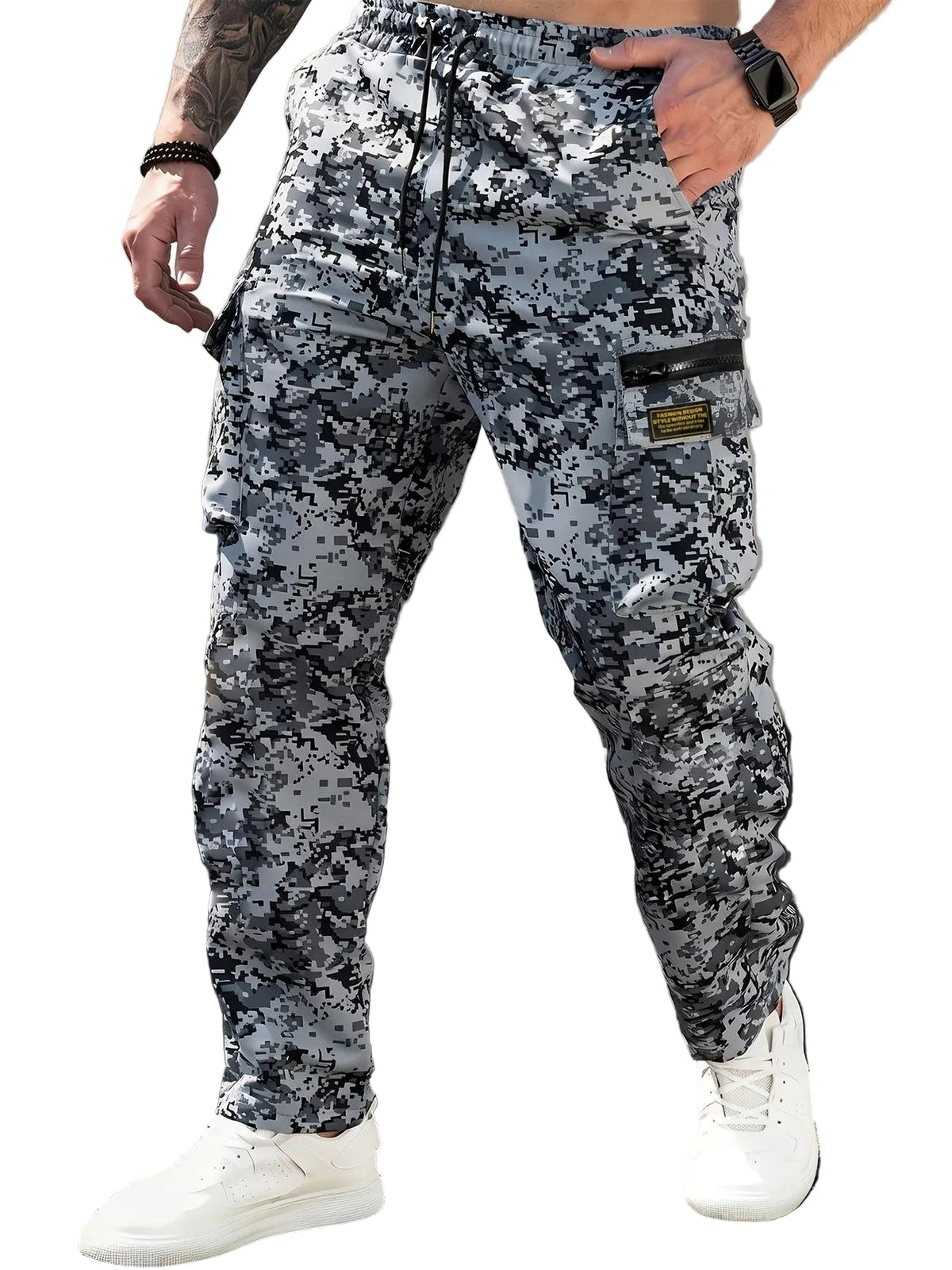 Herren Cargo-Hose mit Pixelmuster, elastischem Bund und Cargotaschen