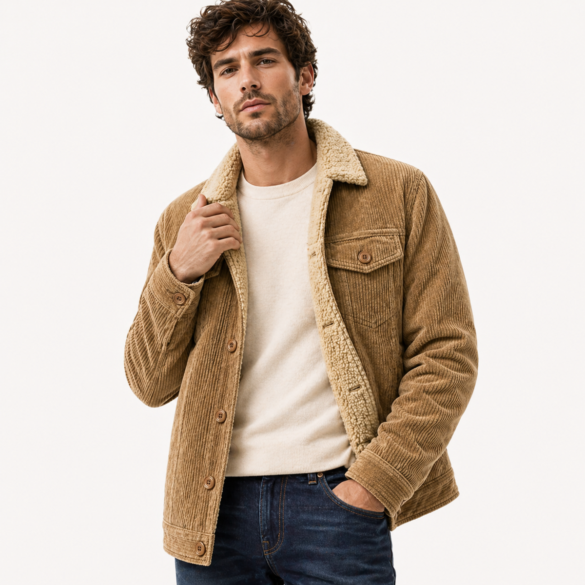 Herren Winter Cordjacke gefüttert mit Teddyfutter – Vintage Trucker Jacke mit Teddykragen