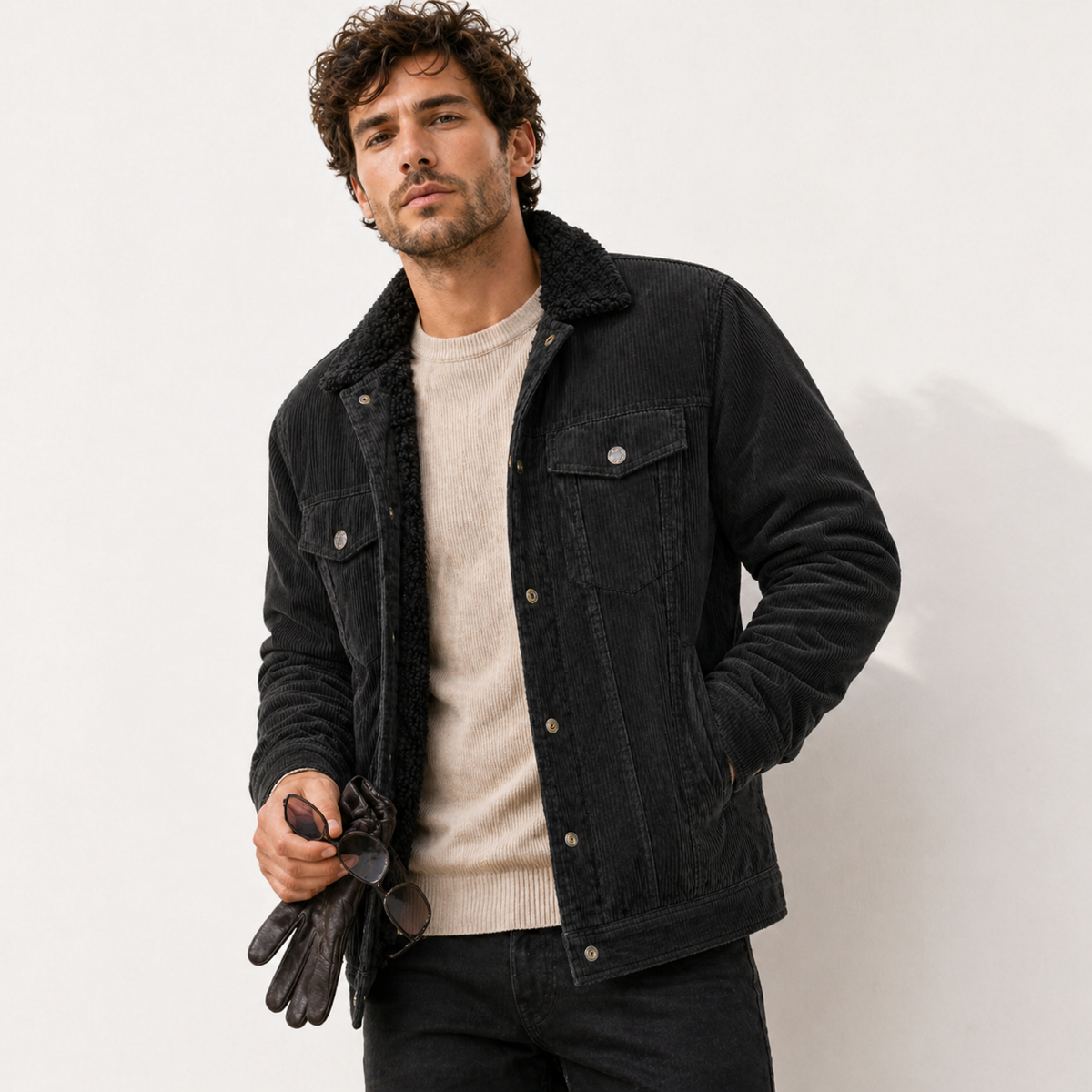 Herren Winter Cordjacke gefüttert mit Teddyfutter – Vintage Trucker Jacke mit Teddykragen