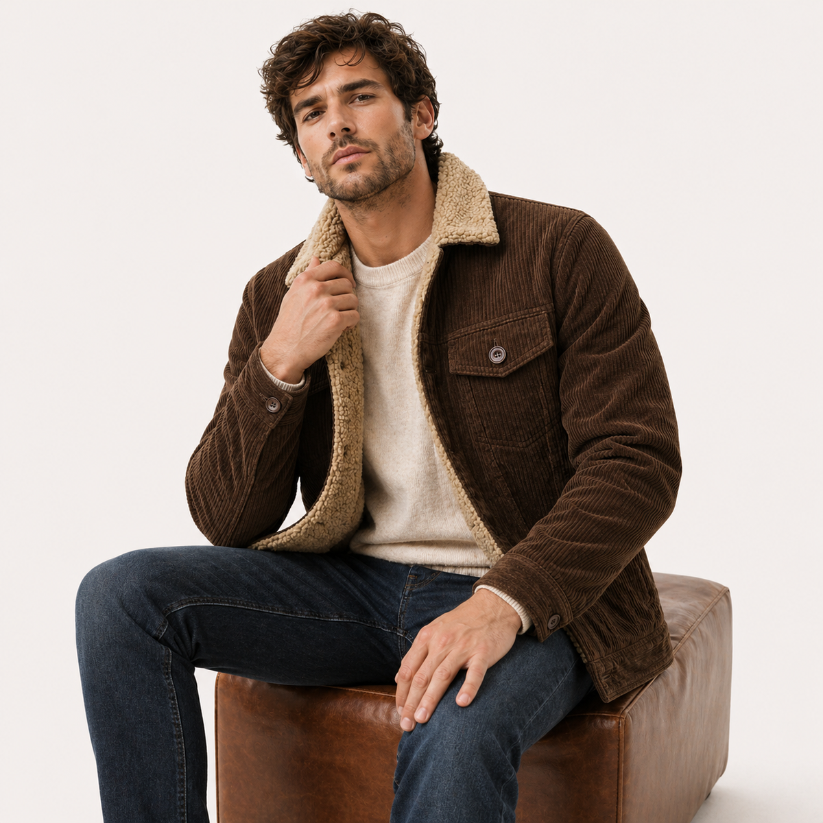 Herren Winter Cordjacke gefüttert mit Teddyfutter – Vintage Trucker Jacke mit Teddykragen