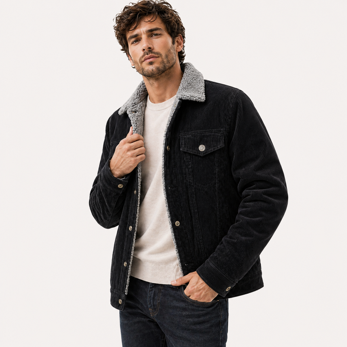 Herren Winter Cordjacke gefüttert mit Teddyfutter – Vintage Trucker Jacke mit Teddykragen