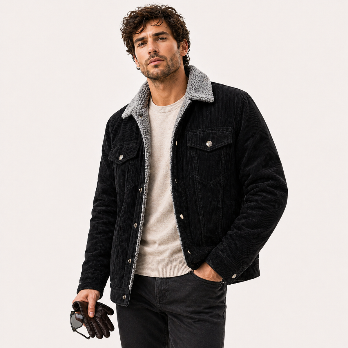 Herren Winter Cordjacke gefüttert mit Teddyfutter – Vintage Trucker Jacke mit Teddykragen