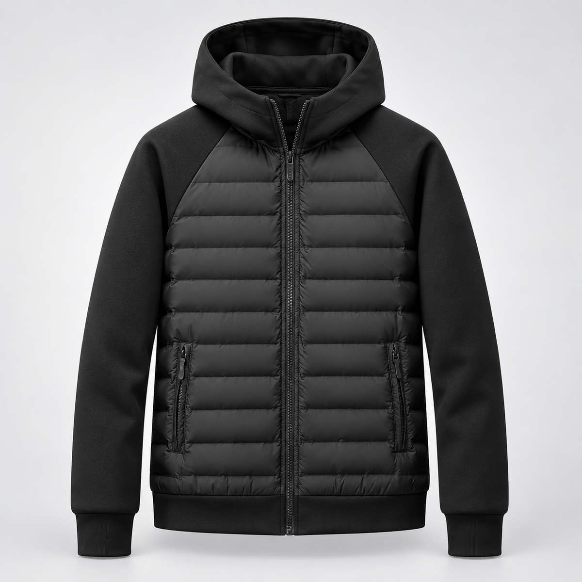 Herren Hybrid Steppjacke mit Kapuze und Sweatärmeln – sportliche Übergangsjacke