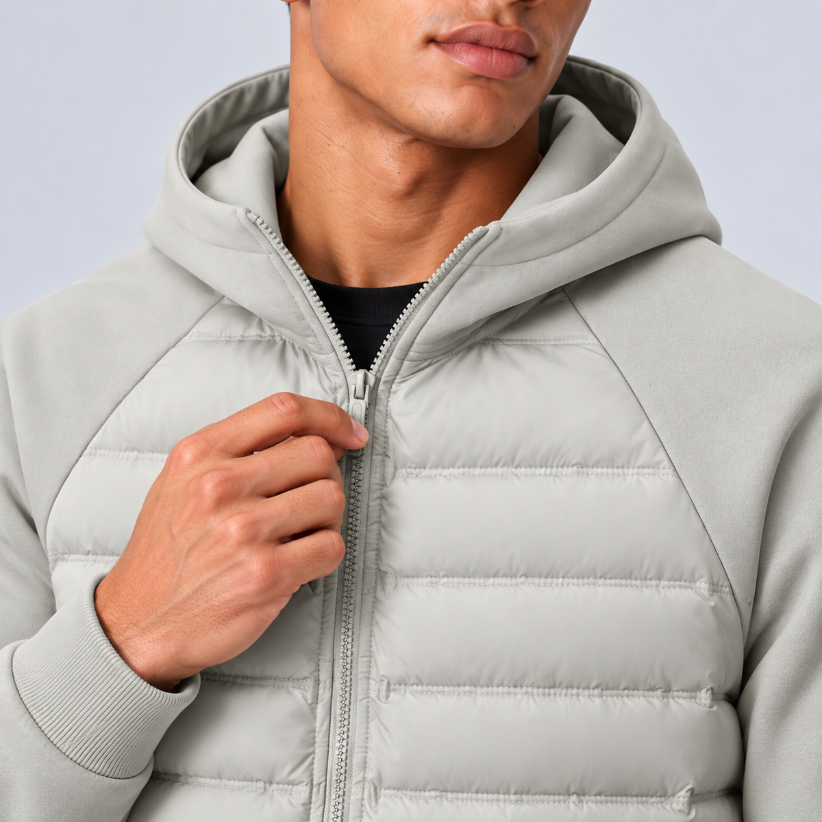 Herren Hybrid Steppjacke mit Kapuze und Sweatärmeln – sportliche Übergangsjacke