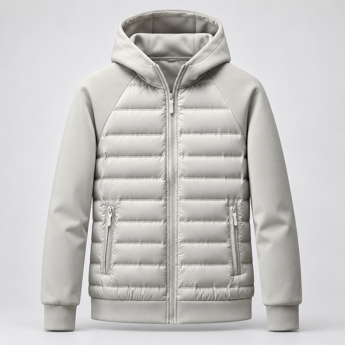Herren Hybrid Steppjacke mit Kapuze und Sweatärmeln – sportliche Übergangsjacke