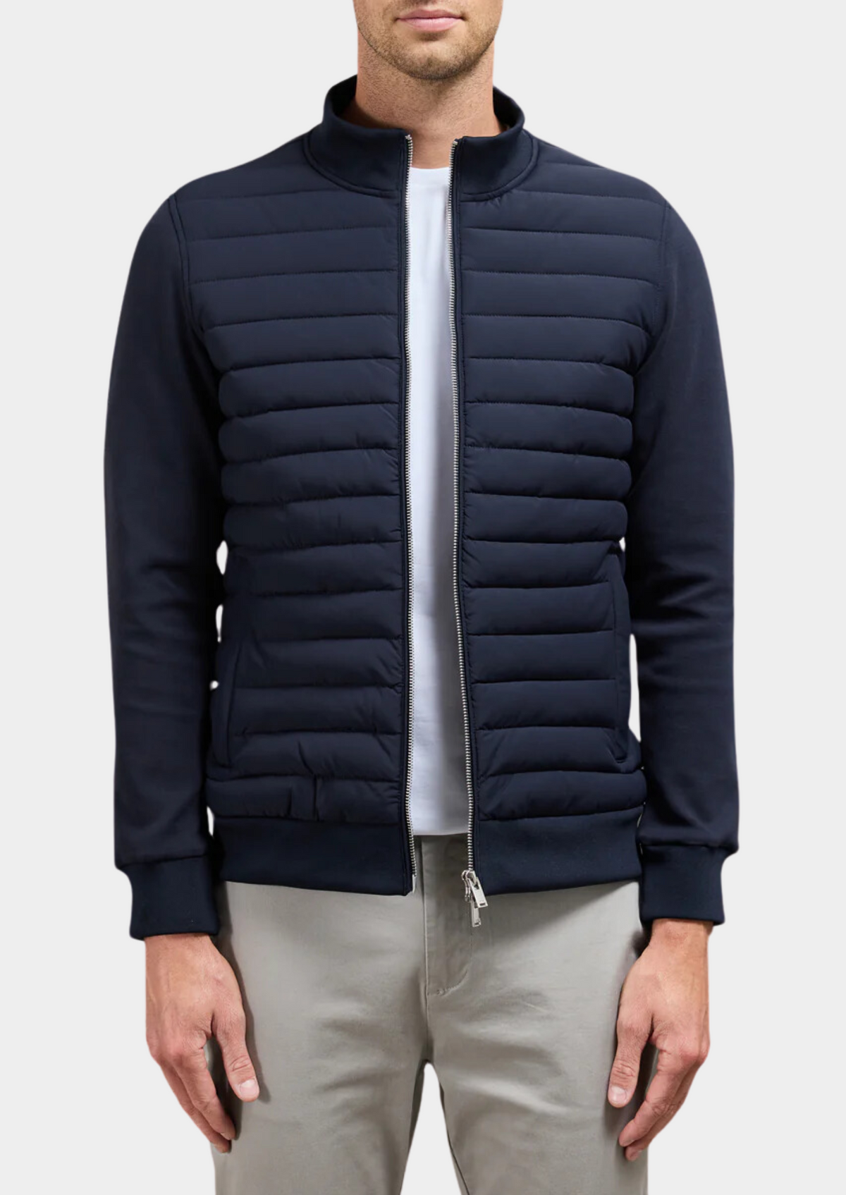 Herren Hybrid-Steppjacke mit Jersey-Ärmeln – Slim Fit Übergangsjacke mit Rippkragen, Herbst Winter