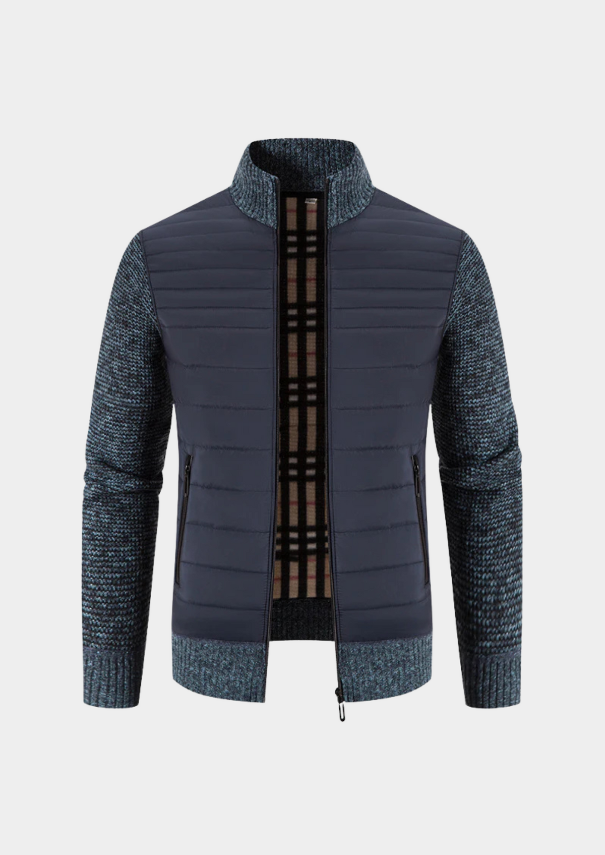 Herren Hybrid-Steppjacke mit Strickrücken und Strickärmeln – Übergangsjacke mit Stehkragen, Herbst Winter