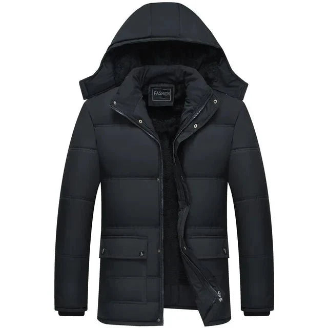 Herren Winterparka schwarz mit Fleecefutter und Kapuze – warme Steppjacke gefüttert