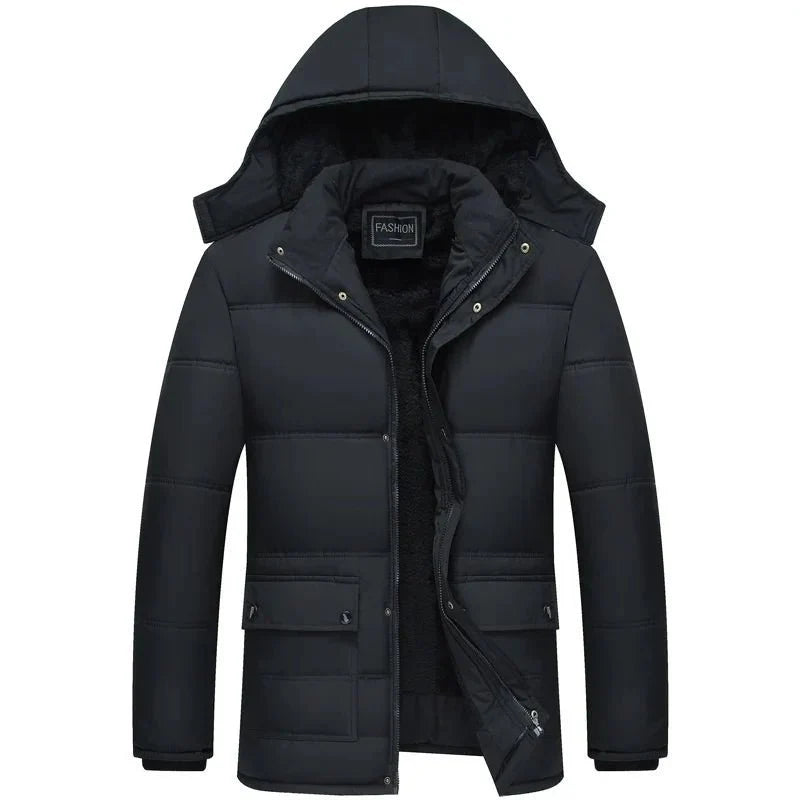 Herren Winterparka schwarz mit Fleecefutter und Kapuze – warme Steppjacke gefüttert