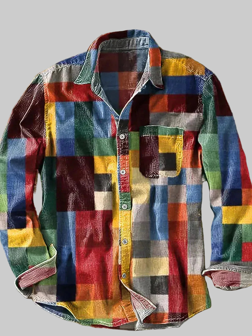 Herren Langarmhemd im Patchwork-Look – buntes Retro Hemd mit lockerer Passform