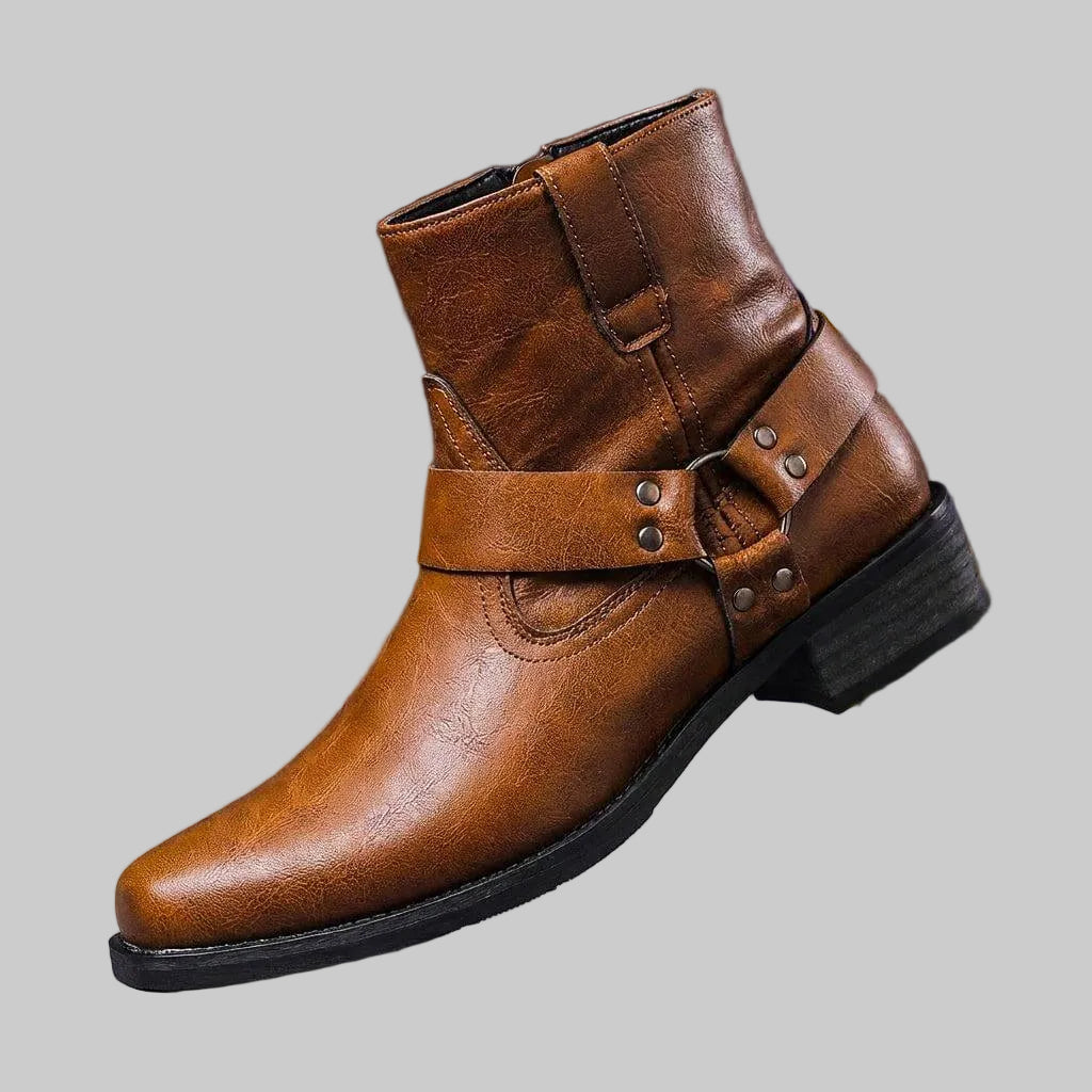 Herren Leder-Bikerstiefel mit seitlichem Reißverschluss, Schnalle und Blockabsatz