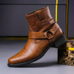 Herren Leder-Bikerstiefel mit seitlichem Reißverschluss, Schnalle und Blockabsatz
