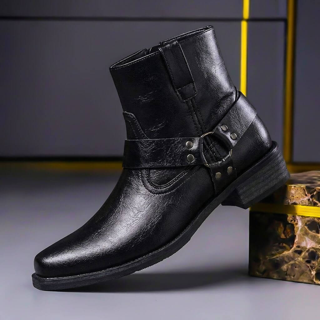 Herren Leder-Bikerstiefel mit seitlichem Reißverschluss, Schnalle und Blockabsatz