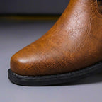 Herren Leder-Bikerstiefel mit seitlichem Reißverschluss, Schnalle und Blockabsatz