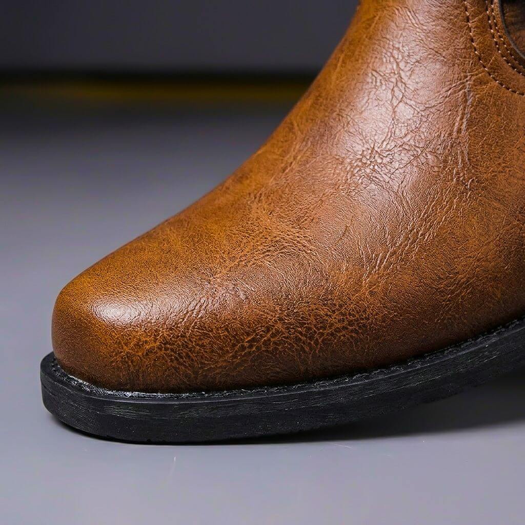 Herren Leder-Bikerstiefel mit seitlichem Reißverschluss, Schnalle und Blockabsatz
