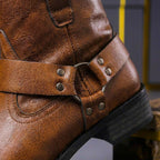 Herren Leder-Bikerstiefel mit seitlichem Reißverschluss, Schnalle und Blockabsatz