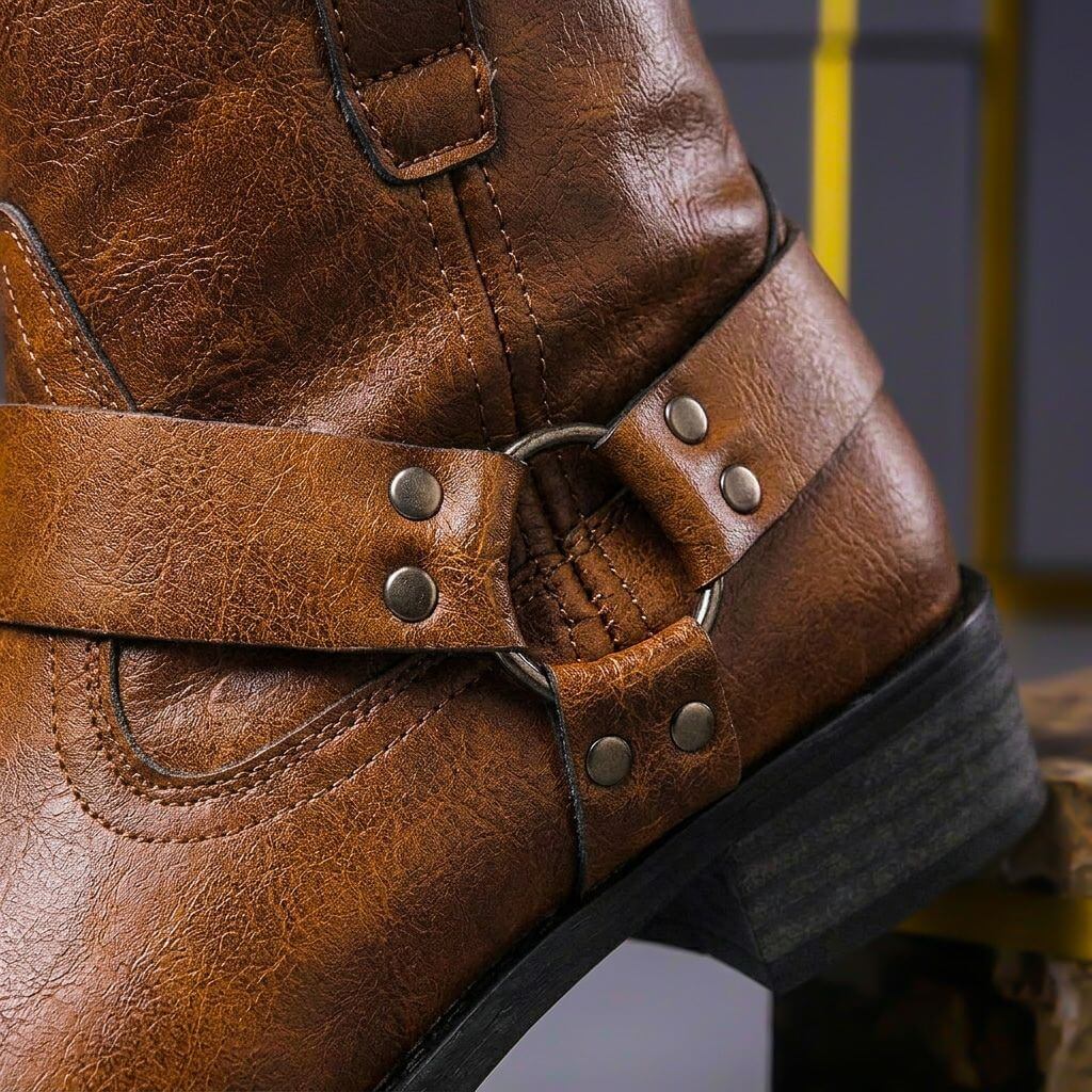 Herren Leder-Bikerstiefel mit seitlichem Reißverschluss, Schnalle und Blockabsatz