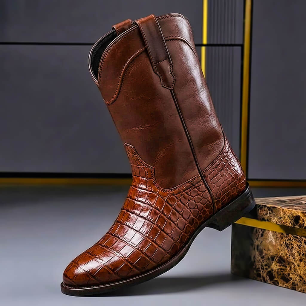 Herren Leder-Cowboystiefel mit Krokodilmuster und hohem Schaft