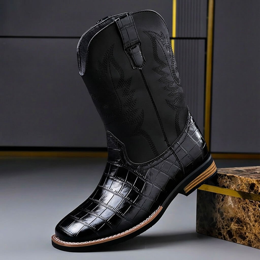 Herren Leder-Cowboystiefel mit hohem Schaft und Western-Stickerei