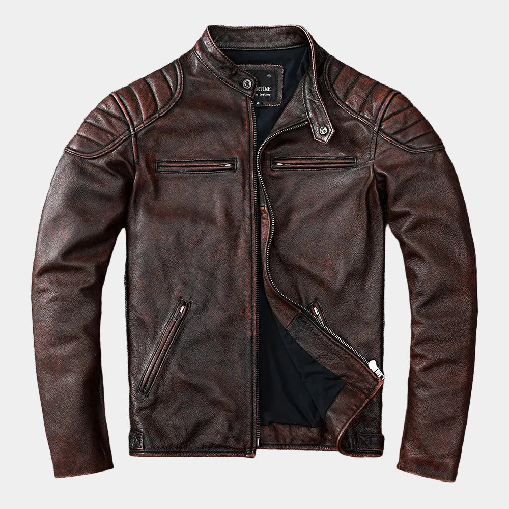 Herren Lederjacke Racer mit gerippten Schulterpartien