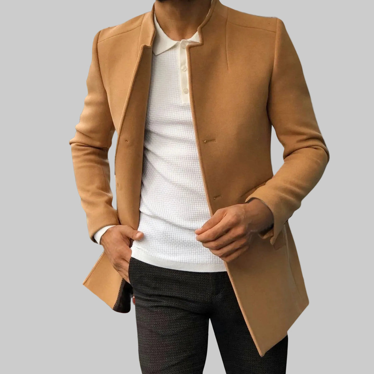 Herren Winter Wollmantel kurz mit Stehkragen – eleganter Kurzmantel Slim Fit