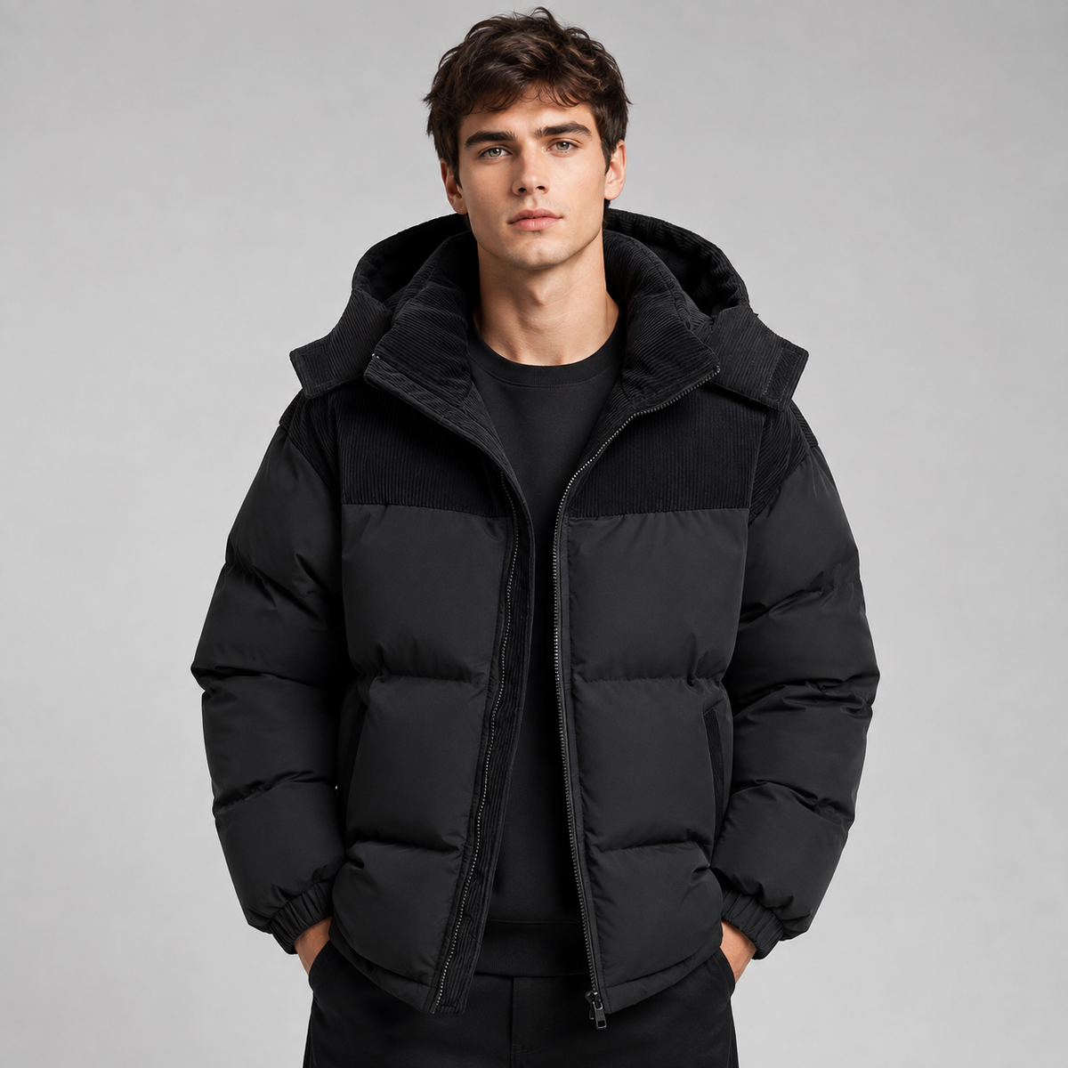 Herren Winter Pufferjacke Oversize mit Kapuze und Cord-Einsätzen – Steppjacke