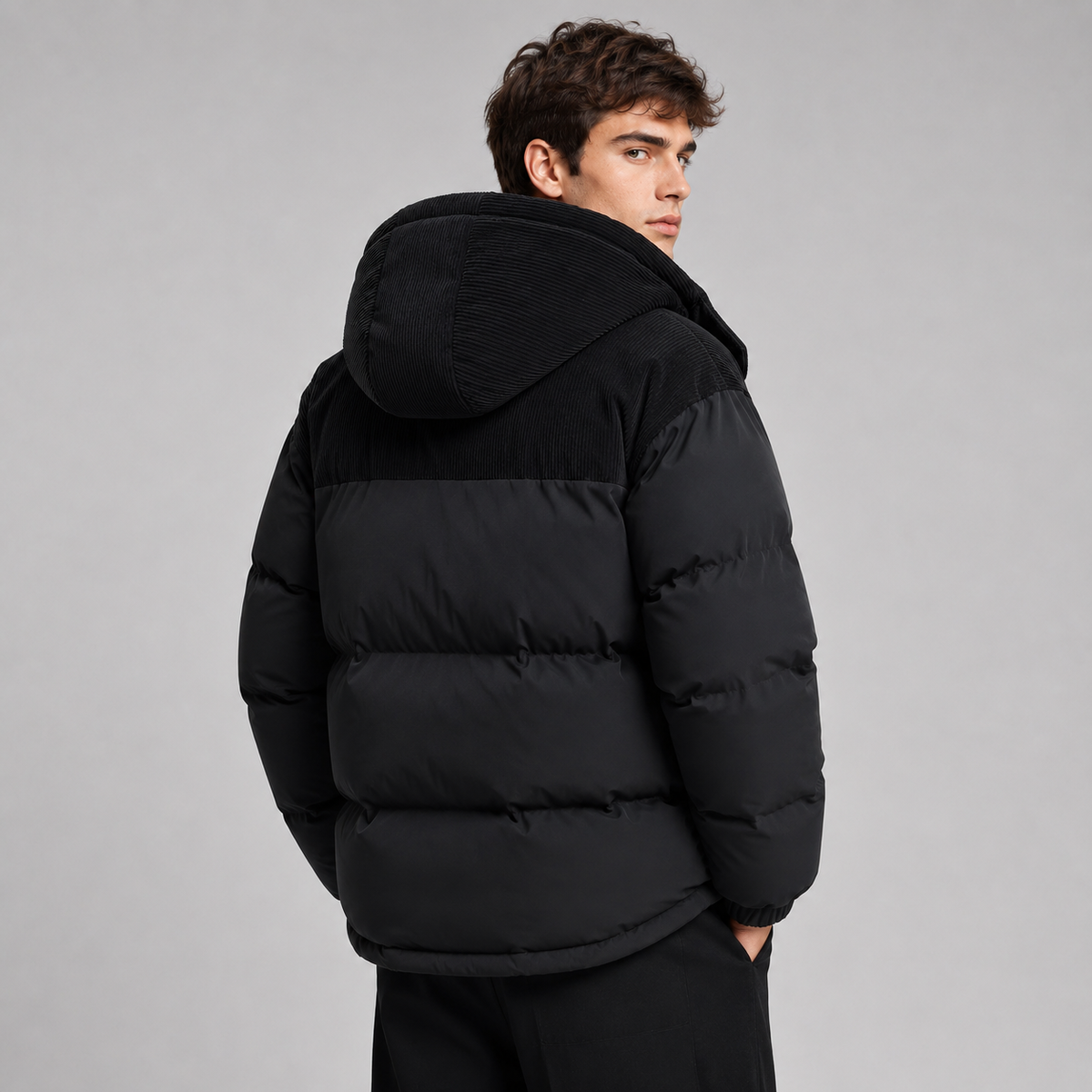 Herren Winter Pufferjacke Oversize mit Kapuze und Cord-Einsätzen – Steppjacke