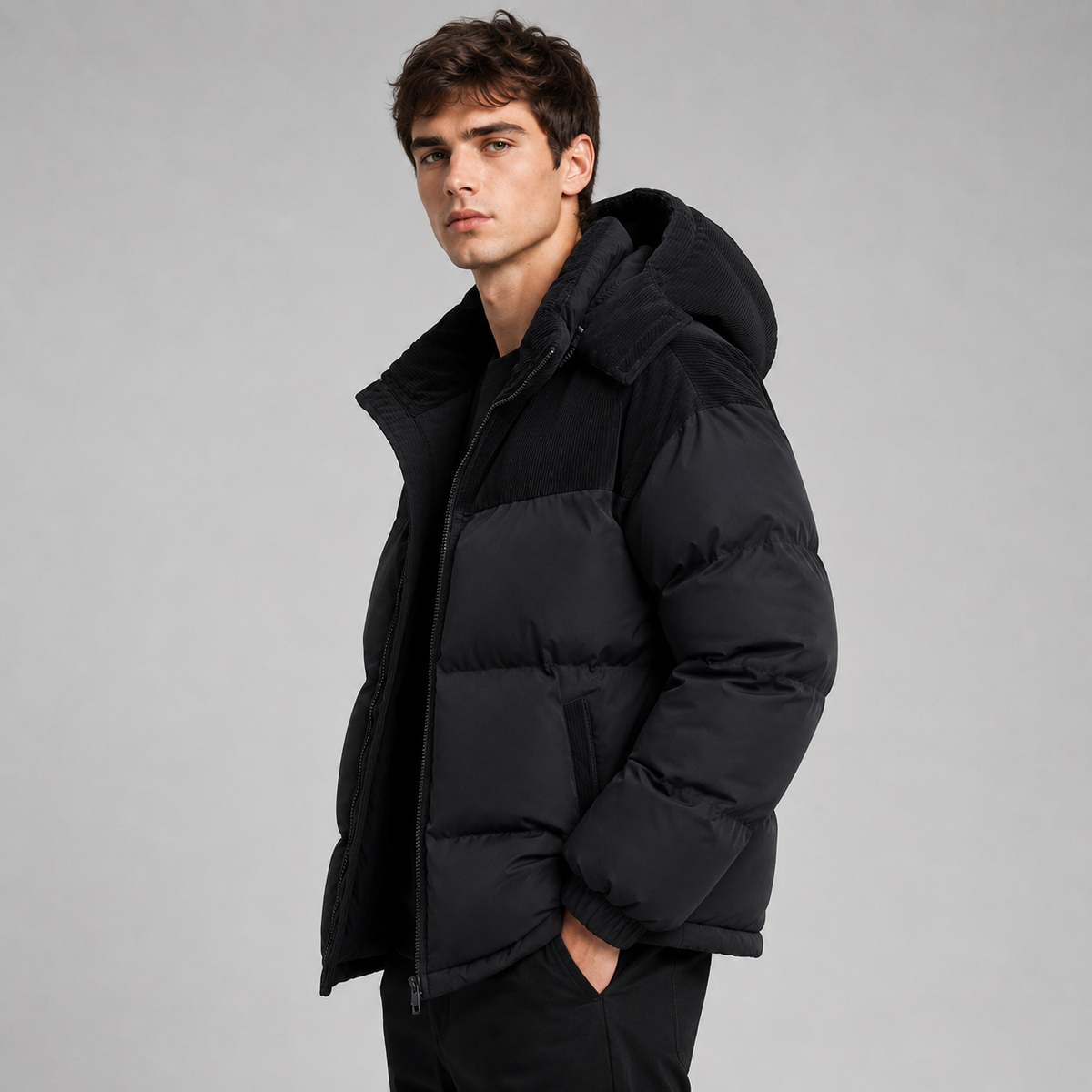 Herren Winter Pufferjacke Oversize mit Kapuze und Cord-Einsätzen – Steppjacke