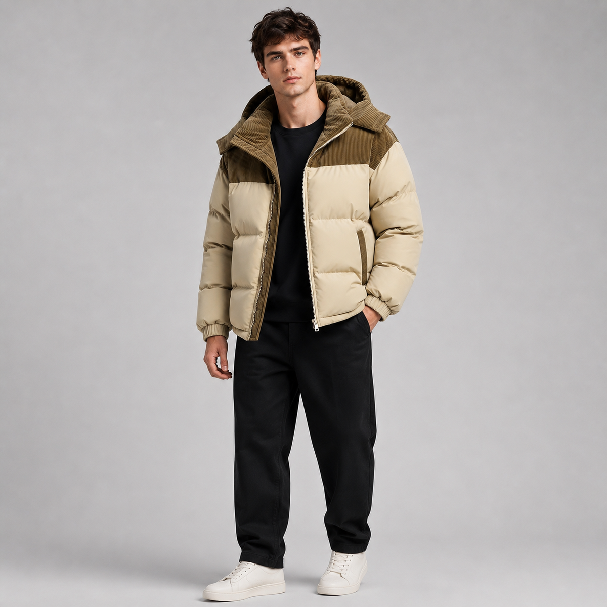 Herren Winter Pufferjacke Oversize mit Kapuze und Cord-Einsätzen – Steppjacke