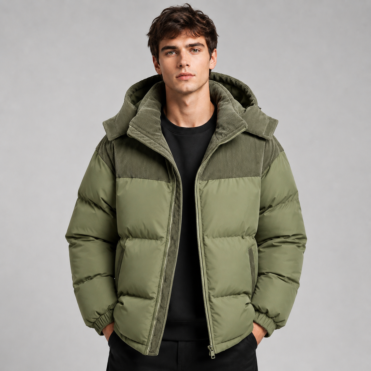 Herren Winter Pufferjacke Oversize mit Kapuze und Cord-Einsätzen – Steppjacke