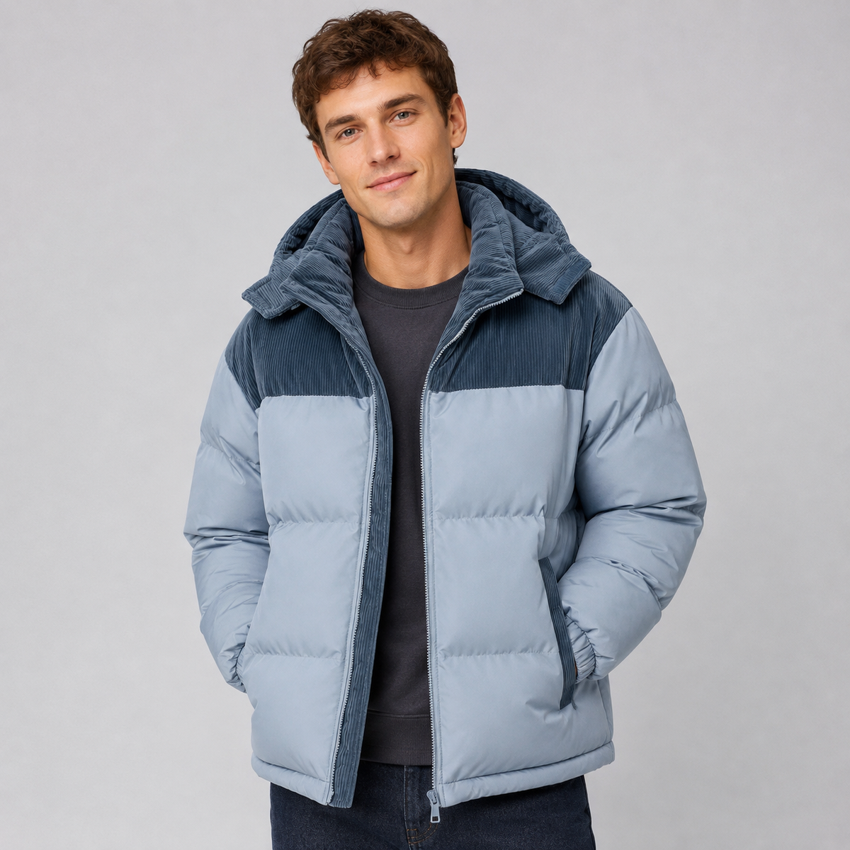 Herren Winter Pufferjacke Oversize mit Kapuze und Cord-Einsätzen – Steppjacke