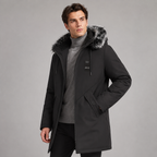 Herren Winterparka lang mit Fleecefutter und Kunstfellkapuze
