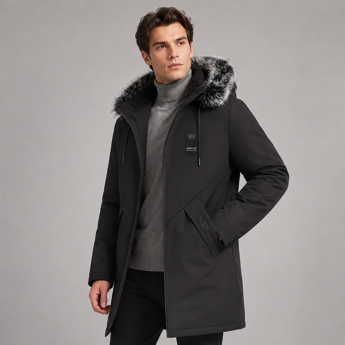 Herren Winterparka lang mit Fleecefutter und Kunstfellkapuze